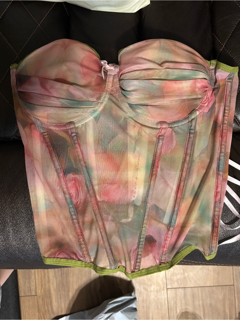 Strapless Mesh Floral Corset Top - Pink Multi